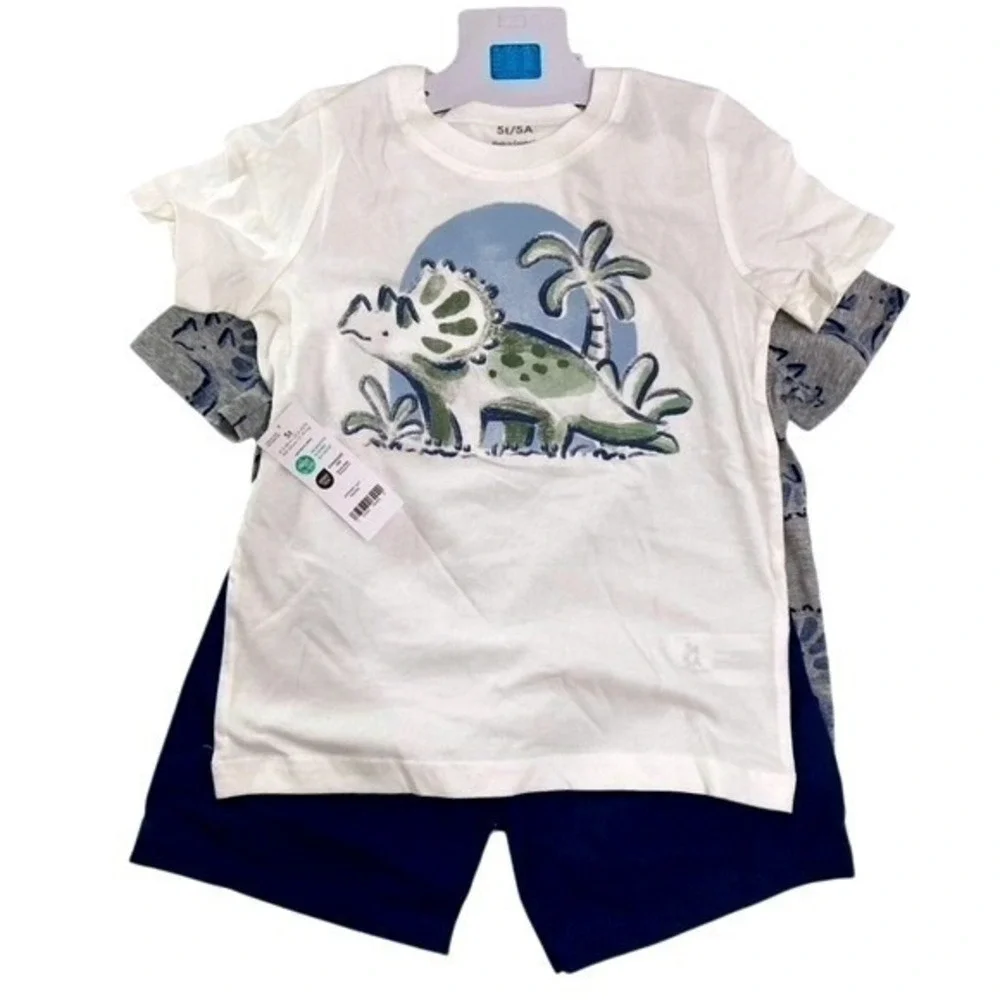 Carters Boys 3pc Dinosaur‎ Shirt and Shorts Set 5T White Grey Navy NWT
